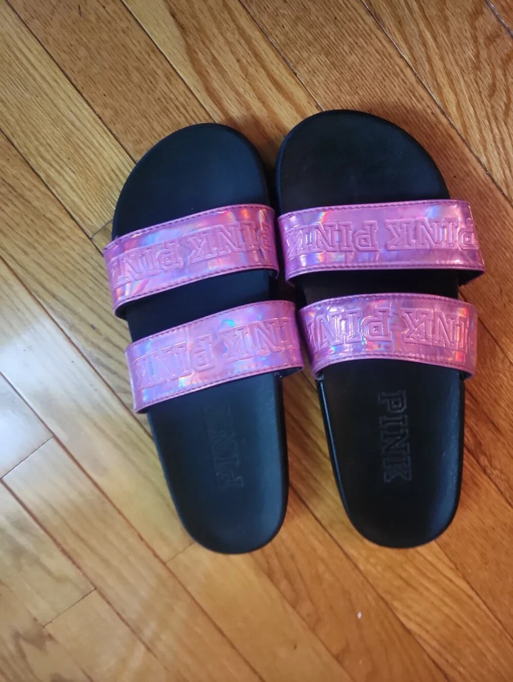PINK Victoria's Secret Iridescent Pink Double-Strap Slide Sandals/ Women's